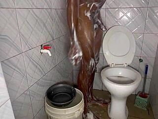 in the shower, an amateur gets a big black cock