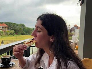 walking with mess on face in cafe