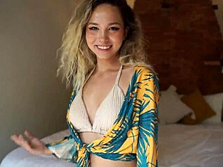 tropical asian blonde beauty bends over for sensual doggy style fuck outdoors