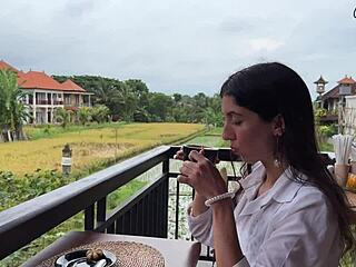 walking with mess on face in cafe