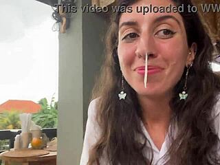 walking with mess on face in cafe