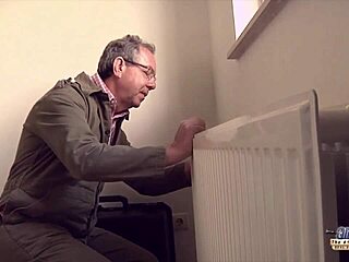 Hot blonde licks old man's cock then takes it in tight pussy doggystyle for cumshot