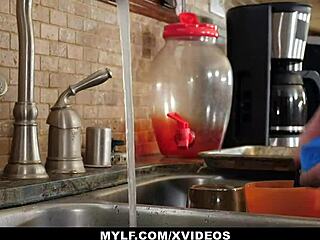 The stepmom says, 'I'll reward my helpful stepson with a hard fuck on his big cock.'