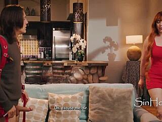 busty caretaker catches guy masturbating on sofa