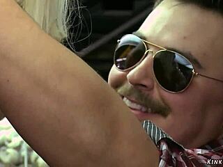 Raw sentence showing bound slave facing public boutique humiliation with bizarre domination fucking and bdsm exhibition.