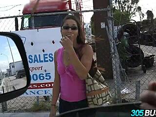 Nerdy latina girl humiliates herself by fucking for cash outdoor, giving blowjob to brunette