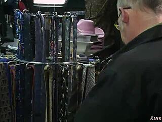 Raw sentence showing bound slave facing public boutique humiliation with bizarre domination fucking and bdsm exhibition.