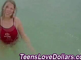 Blonde teen gets titty fuck and blowjob in public bathroom, cum on tits