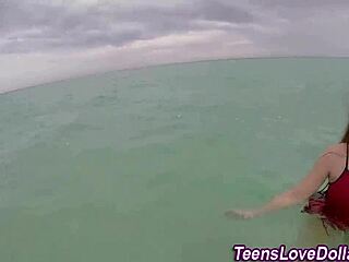 Blonde teen gets titty fuck and blowjob in public bathroom, cum on tits