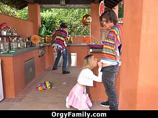 Fucking petite stepsister while stepdad stays blindfolded in orgy