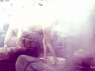 This lucky mofo licked her cunt by the waterfall so she gave him a handjob with big tits and clit