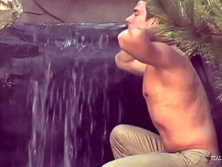 This lucky mofo licked her cunt by the waterfall so she gave him a handjob with big tits and clit