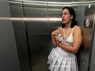 Latina milf neighbor rides young BBC bareback in office elevator