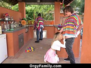 Fucking petite stepsister while stepdad stays blindfolded in orgy