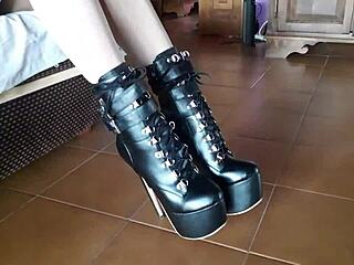 Ankle boots and blue very high heels in nylon stockings