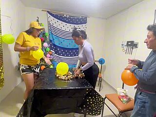 Raw homemade threesome with two women and a man sharing wild intimate moments.