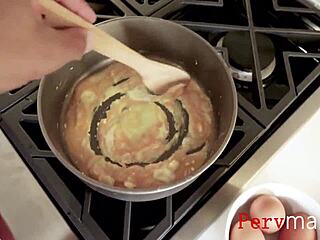 Cheating stepmom with big tits gives head while cooking eggs before taboo fucking and fertilizing her brunette body.