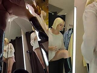 upskirt peek at blonde's pussy in public fitting room