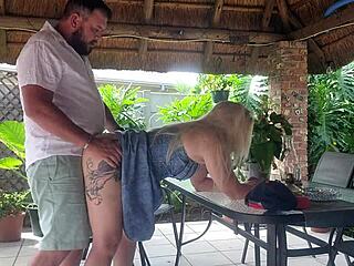 Blonde wife with big tits gets creampie fucked on patio while best friend is at work!