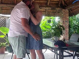 Blonde wife with big tits gets creampie fucked on patio while best friend is at work!