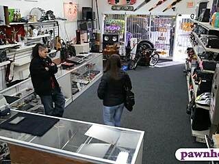 Two women attempt theft at pawn shop, get spied on and banged hard by the owner with his big cock