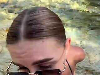 Blonde babe gives deepthroat blowjob with cum on tits and face.