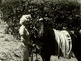 Vintage taboo scene unfolds with hairy pussy doggystyle outdoors. Beaver and ass get attention in antique setting.