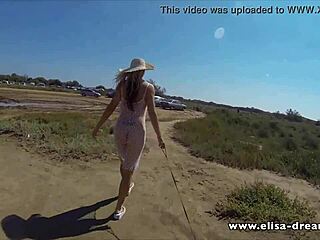 flashing naked under transparent dress as blonde crossdressing slut milf outdoors