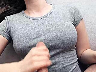 Girlfriend gives bold handjob to monster cock, cumshot on gray t-shirt