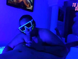 Submissive Stepdaughter Performs Deepthroat Blowjob in Neon Room