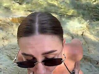 Blonde babe gives deepthroat blowjob with cum on tits and face.