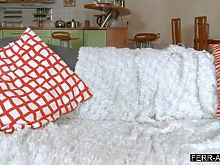 Hot teen loves big cock cowgirl on sofa