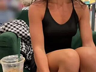 Beautiful brunette babe flashes in public then gets quick doggystyle fuck in changing room with sloppy licking