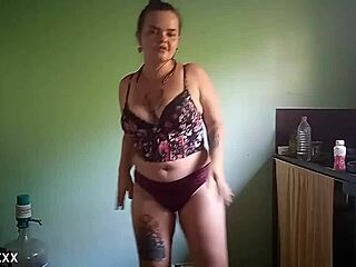 Chubby amateur strips and licks balls before cum in mouth