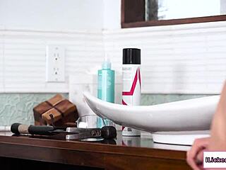 Lesbian milf fingers her busty boss's hairy pussy.