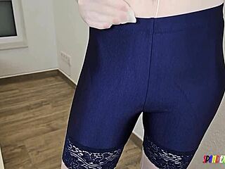 Spandexqueen SUCKS hard in blue lace shorts, rocking white nylon suit. She takes TWO loads and a massive FACIAL!