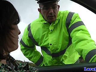 Mature woman caught masturbating in fishnets, then seduces patrol cop with cowgirl.