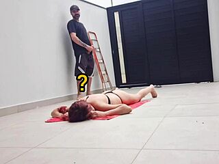 Redhead Wife Sunbathes in Bikini Backyard While Neighbor Performs Gate Maintenance and Facial Cumshot