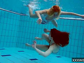Chicas rusas hermosas disfrutan nadando en piscina con bikinis