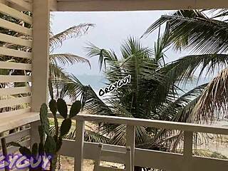 ebony wife flashes pussy at a beach house