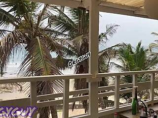 ebony wife flashes pussy at a beach house