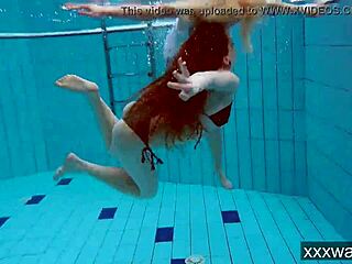 Beautiful russian girls enjoy swimming in the pool wearing bikinis