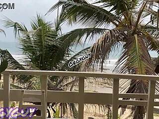 ebony wife flashes pussy at a beach house