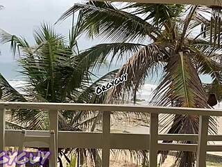 ebony wife flashes pussy at a beach house