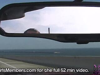 Topless Brunette Flashes Big Tits In Convertible On Skyway Bridge