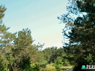 Busty forest nymph enjoys natural curves view by road