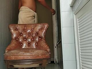 guy with big dick takes armchair to bathroom and masturbates, watch him?