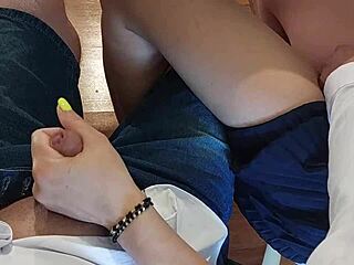 Intense handjob in classroom leads to huge cumshot while fingering 18yo classmate's pussy.