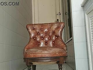 guy with big dick takes armchair to bathroom and masturbates, watch him?