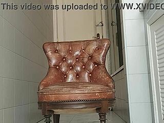 guy with big dick takes armchair to bathroom and masturbates, watch him?